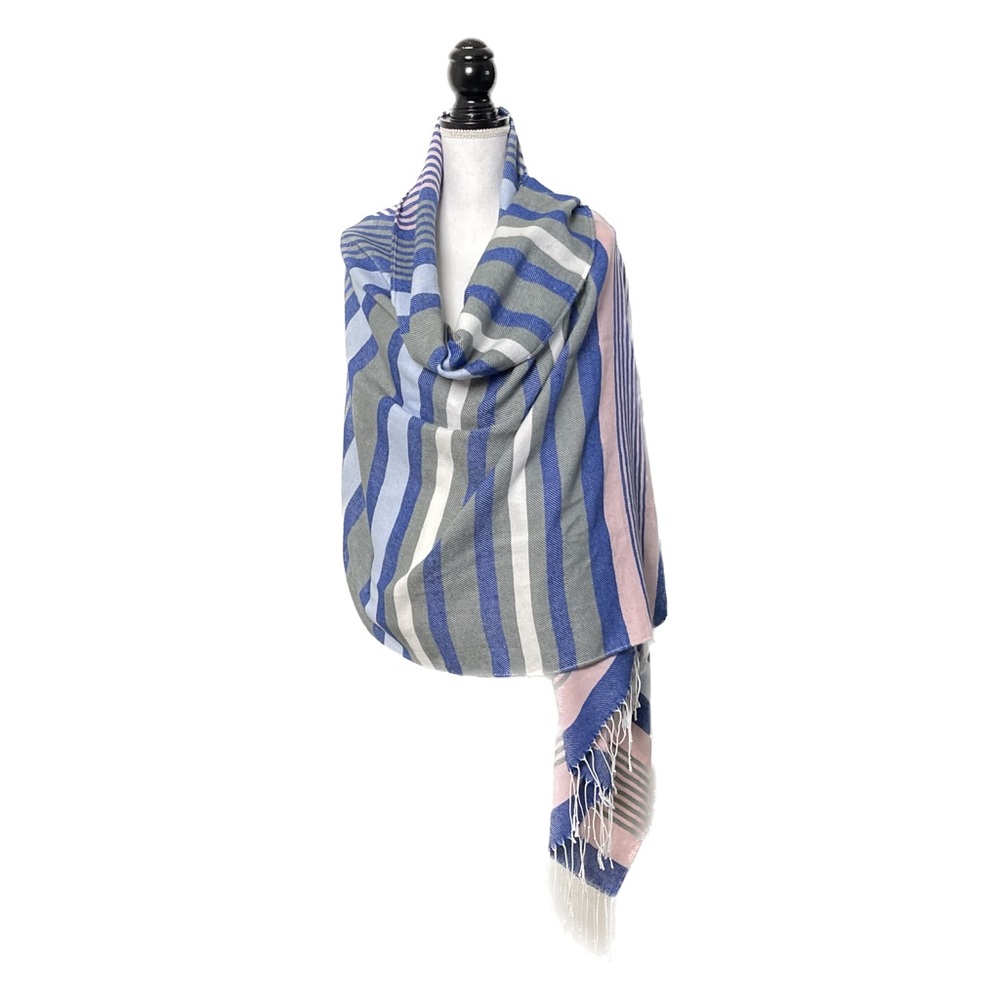NEW H&M Oversized Soft Knit Blanket Scarf Wrap Shawl w Tassels Blue Pink Stripe